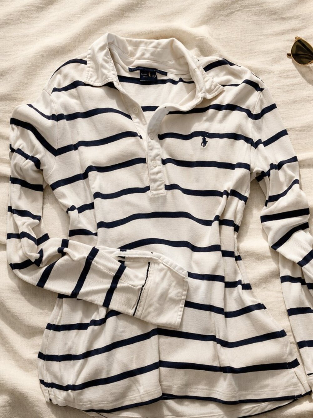 Polo Ralph Lauren Sport Cream Navy Stripe Long Sleeve Polo Top Small - Picture 7 of 9